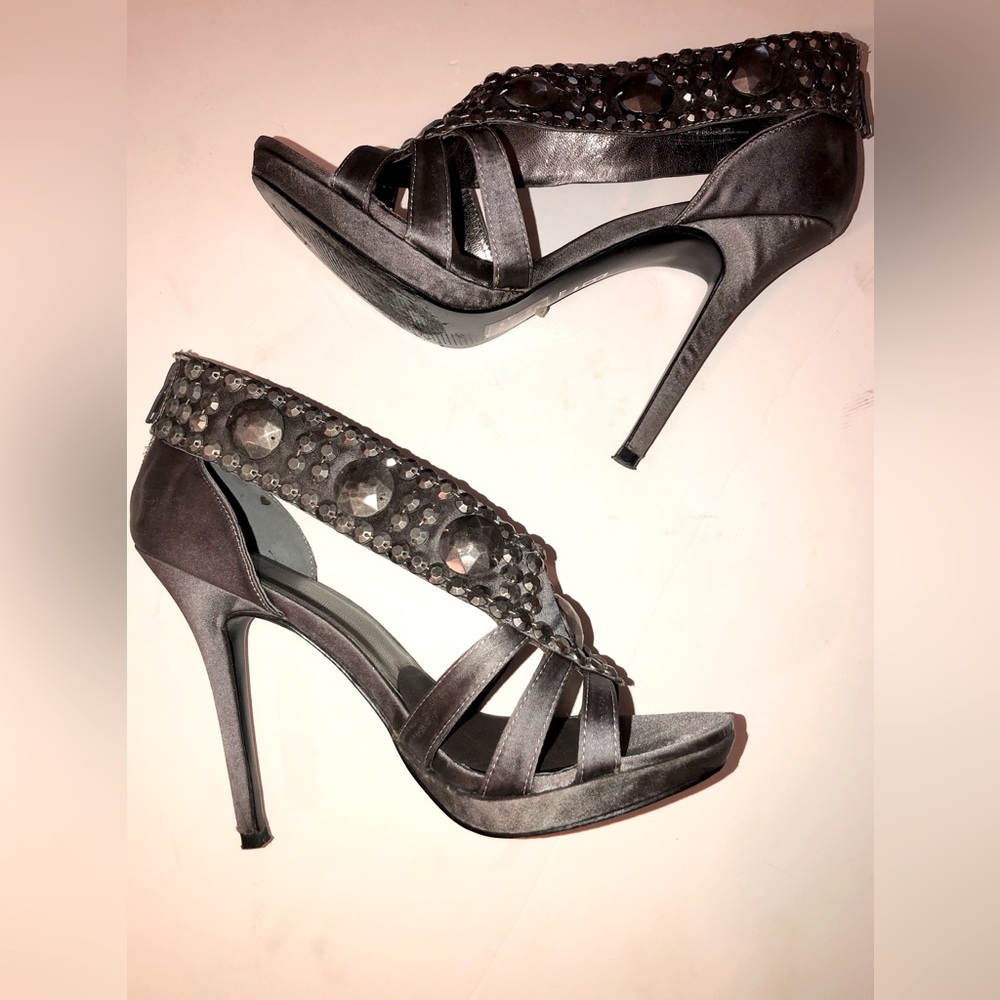 Bakers Grey Stiletto Jeweled Heels with leather soles,